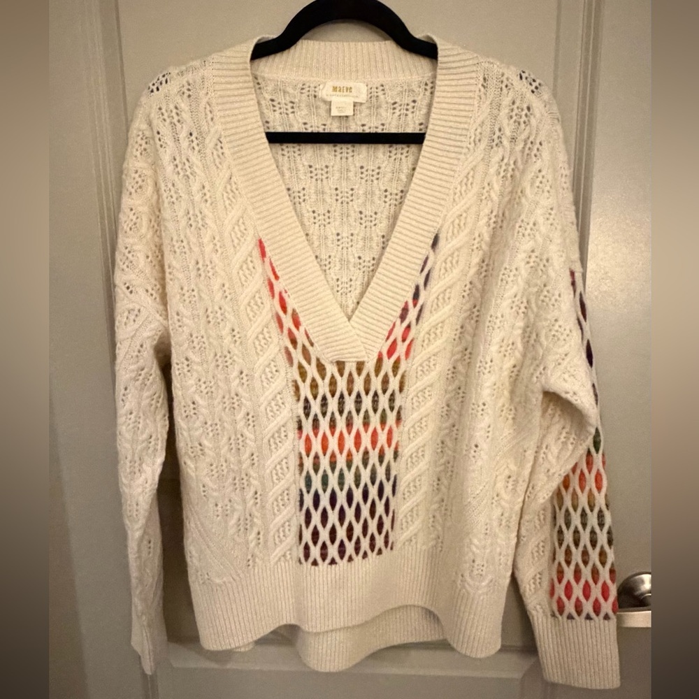 Anthropologie Maeve Cream V-Neck Sweater with Multicolor Accents | Size Small